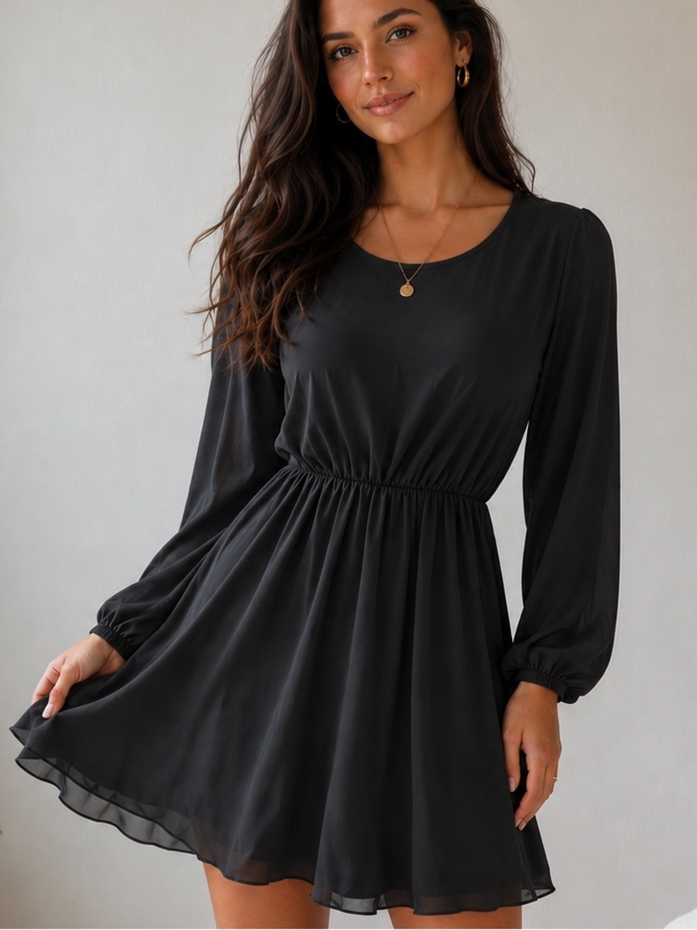 Lush Women’s Elegant Casual Black Long-Sleeve A-Line Dress | Size S